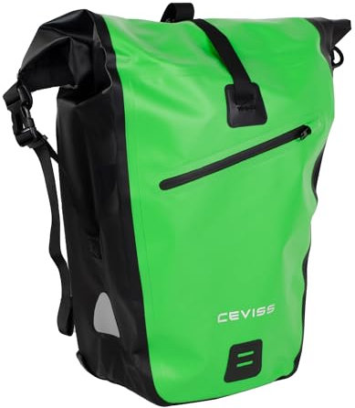 CEVISS Fahrradtasche aus robustem PVC für Gepäckträger 25L Wasserdicht mit Reflektoren, Quick Connect System mit Trage- und Umhängegurt