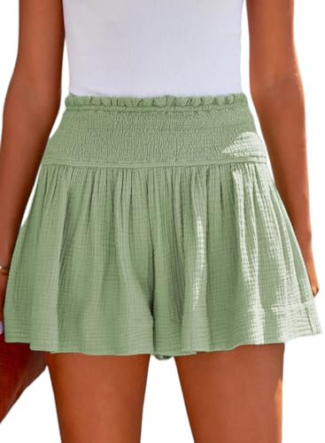 Tincini Shorts Damen Sommer Baumwolle Elastisch High Waist Kurze Hosen Causal Rüschen Strandshorts Einfarbig Freizeit Shorts Sweatpants (Grün,M)