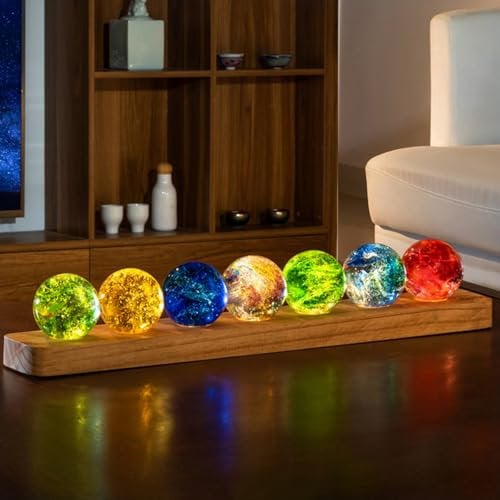7 boules de cristal en verre colorées avec lampe LED, support en bois, chakras, sphères naturelles, veilleuse, boule de cristal scintillante for cadeau d'anniversaire, ornement, décoration de la maiso