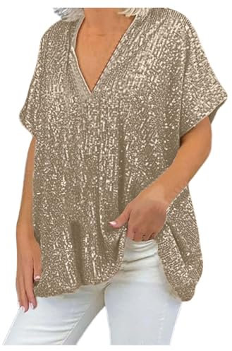 Duohropke Top da donna con paillettes, sexy, con scollo a V, con paillette, elegante, in tinta unita, oversize, casual, estivo, oro rosa., L