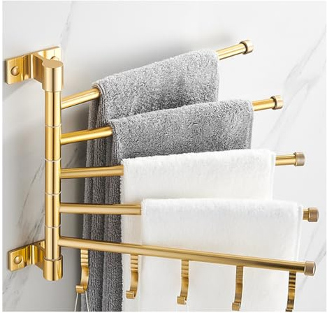 OWOHYG Porte-Serviettes pivotant Moderne doré avec Rotation à 180 ° et Fixation Murale, Porte-Serviettes en métal épais pour Salle de Bain, Bras Pliable pivotant à 3/4/5 Barres, Cintre mu