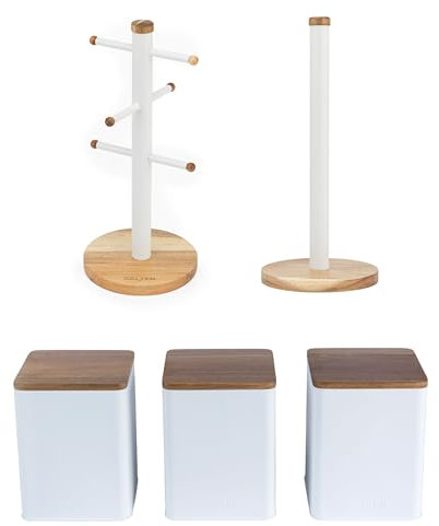 Salter Toronto 5-Piece Countertop Set - Mug Tree, Kitchen Roll Holder & Canister Set, Acacia Wood Countertop Stand, 6 Brand Display for Coffee Mugs, Freestanding, Kitchen Storage, White, COMBO-9536