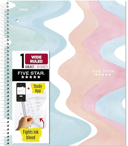 Five Star Spiral Notebook + Study App, 1 Subject, Wide Ruled, 8 x 10-1/2, 80 Sheets, Fights Ink Bleed, Water Resistant Cover, Pastel Waves (930060F)