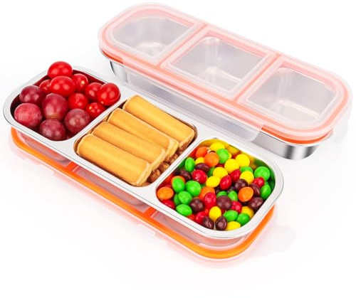 Musiwanna 2 Stück Edelstahl Snackbox mit 3 Fächern, Auslaufsicher Snack Storage Box to Go mit Deckel 600ml, Snackdose mit Fächern, Stainless Steel Klein Metall Lunch Box für Nüsse Keksen Gemüse Obst