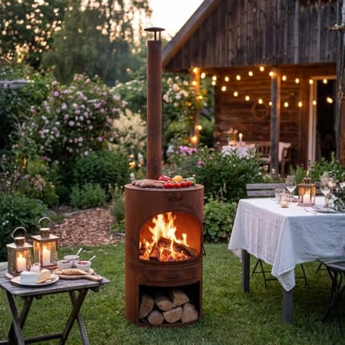 ASH® Sunset Gartenkamin 3in1 BBQ | Metall Schwarz | Feuerofen | Holzofen | Terrassenheizer | 47x47x191cm