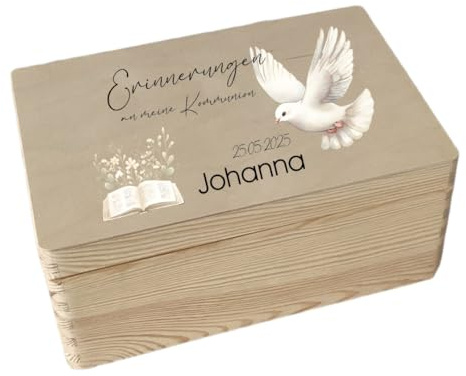 minimutz Holzkiste Geschenk Kommunion, Personalisiertes Kommunionsgeschenk Mädchen Junge, Erinnerungskiste aus Holz, Aufbewahrungsbox M (30x20x14 cm) (Taube)