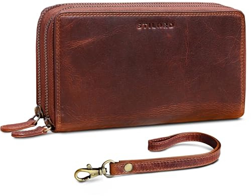 STILORD Thor Portefeuille Homme Cuir Véritable XXL RFID avec Double Fermeture Éclair Grand Format avec Dragonne Porte-Monnaie pour 25 Cartes Portefeuilles Hommes Cuir Couleur:Kara - Cognac