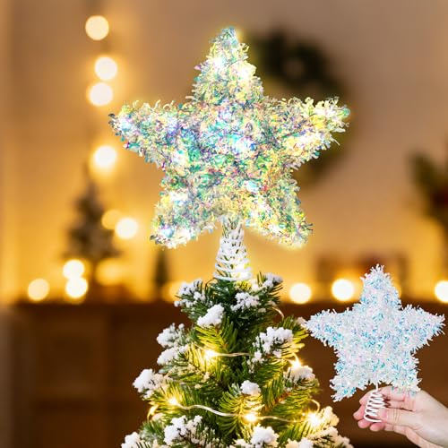Joytry Weihnachtsbaumspitze Stern, Funkelnder Lametta-Stern für die Weihnachtsbaumdekoration, 6 Inch Schillernde Baumspitze für Kleine Tischbäume Batteriebetriebene Lichterkette