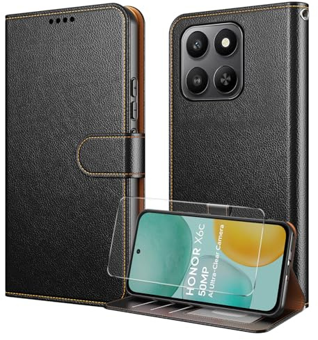 WQRTYJK for Honor X6C 4G Case with Tempered Glass Screen Protector PU Leather Folio Flip [RFID Blocking][Kickstand] [Card Holders] Shockproof TPU Cover Magnetic Wallet - Black