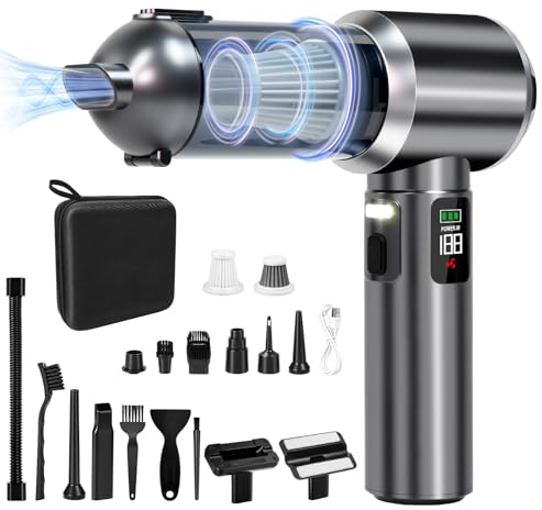 KLYNGTSK Handstaubsauger Akku, 4-in-1 Handstaubsauger Kabellos mit LCD-Bildschirm,25KPA Autostaubsauger Akku Testsieger, Elektrische Staubgebläse Druckluft für Auto, Küche, Sofa, Büro Tierhaar Reinig