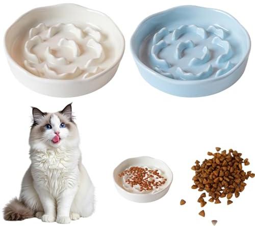 Hunwutef Keramik Anti Schling Napf Katze, 2 Stück Slow Feeder Katze aus Melamin, Katzennäpfe in Pastellfarben, Antischlingnapf Keramik, Slow Feeder für Katzen, Blau und Weiß