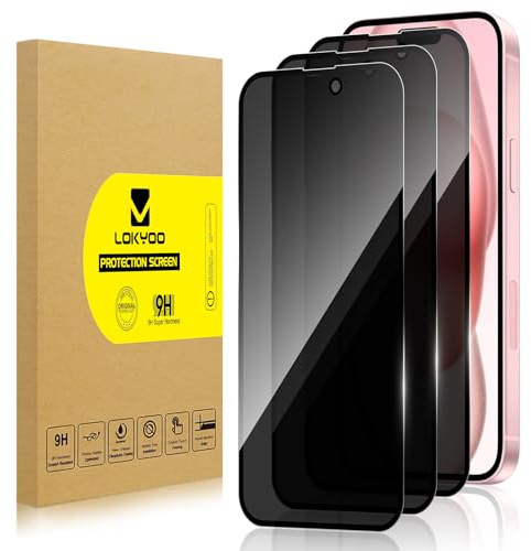 Lokyoo 3 Pack Privacy Screen Protector for iPhone 15 | Anti-Spy Tempered Glass, Ultra HD, Anti-Scratch, Bubble-Free, Easy Install 9H Protective Glass, for iPhone 15
