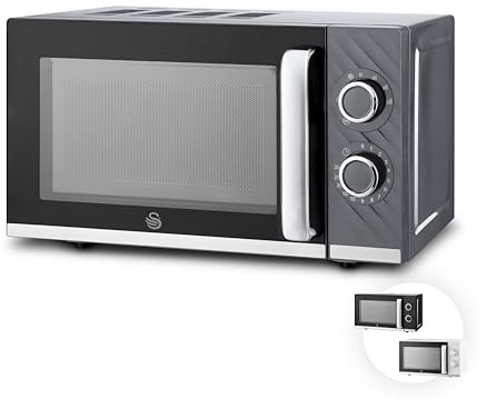 Swan Windsor Manual Microwave, 20L, 800W, 5 Power Levels, Defrost by Time, 30 Minute Timer, Non-slip Feet, Family Sized Microwave, Grey, SM4424GRY