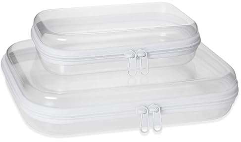 2 Pack Clear Toy Storage Bags – Waterproof Hard Case Zipper Pouches, Double Zipper Organizer for Blocks Puzzles Board Games, Travel Makeup or Cables (Small & Medium Combo)
