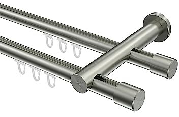 Interdeco Edelstahl Optik Innenlauf Gardinenstange 20 mm Ø doppelläufig Platon Santo, 200 cm