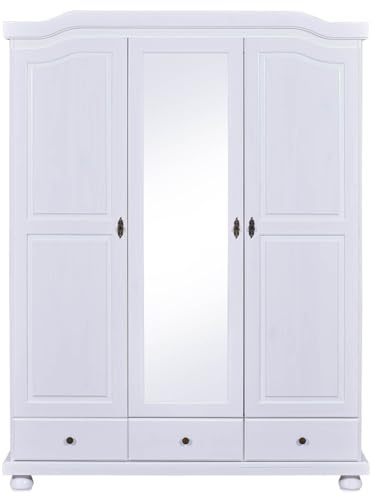 AltoBuy Neder - Armoire 3 Portes avec Penderie Bois Massif Vernis Blanc