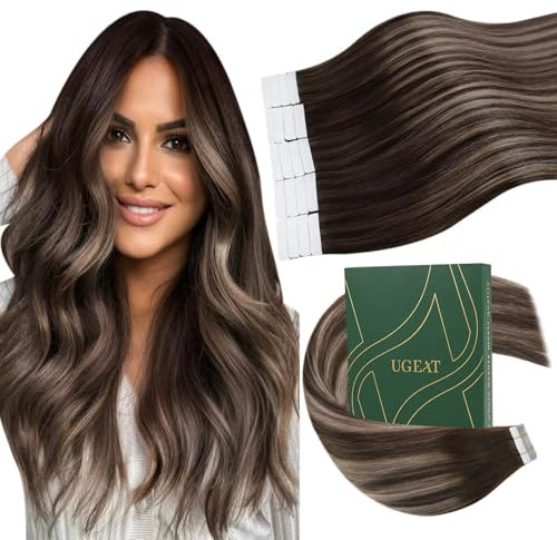 Ugeat Tape Extensions Echthaar Balayage 50 cm Glatt Invisible Extensions Echthaar Tape Ombre Dunkelbraun Aschblond für Mädchen 20 Stück 50G #4/18/4