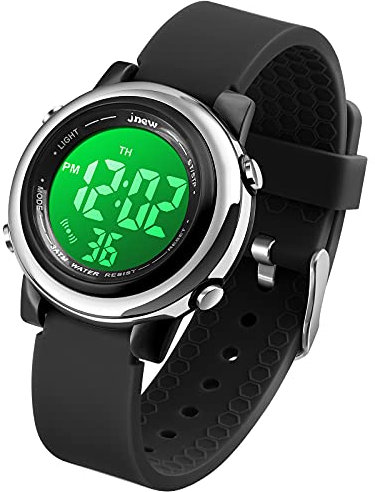 VenSten Orologio digitale sportivo impermeabile per bambini e bambine, per sport all'aria aperta, con sveglia luminosa, cronometro, orologio da polso per bambini, Nero , Cinturino