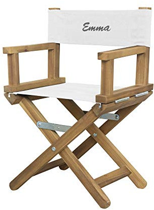 Geschenkegarten Regiestuhl für Babys und Kleinkinder (1-5 Jahre) mit holzfarbenem Gestell und individueller Bestickung (Weiß)