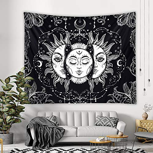 Lsimeru Wandteppich Sonne Mond Sterne 150x130 Abstrakt Kunst Schwarz Weiß Wandbehang Psychedelic Schwarzlicht Wandtuch Tapestry Wandkunst Schlafzimmer Deko