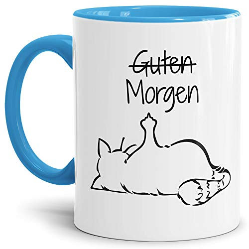 Tasse mit Spruch - Nö-Katze Guten Morgen - lustige Tasse für die Arbeit/Bürotasse/freche Tasse mit Katze/Geschenkidee lustig - Innen & Henkel Hellblau