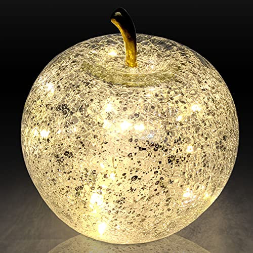 XXL LED Dekoleuchte Apfel Tischleuchte Ø24xH30cm Bruchglas-Optik Timer Leuchte Glas Silber 40 LED Lichterkette Apfellampe