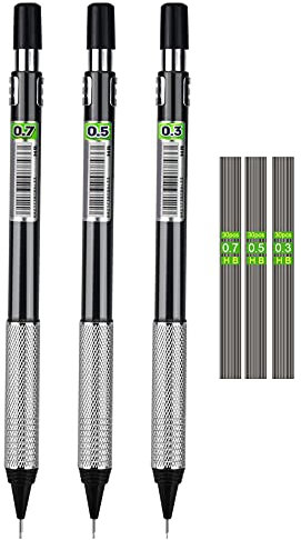 Druckbleistift Set, Stücke Automatische Metall Mechanische Stifte, HB Bleistift Minen Austauschbare Nachfüllungen, Schule und Holzbearbeitung Büro Zubehör(0.3mm,0.5mm,0.7mm), Schwarz