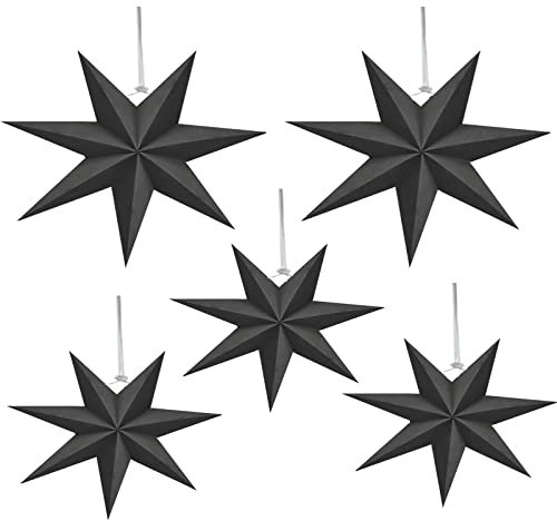 5 Stück Faltstern Schwarz, 7 Zacken Faltsterne Schwarz, Hänge-Deko aus Papier,Papierstern Dekoration für Fenster, Sterne Papier Dekoration für Haus Partys Hochzeiten