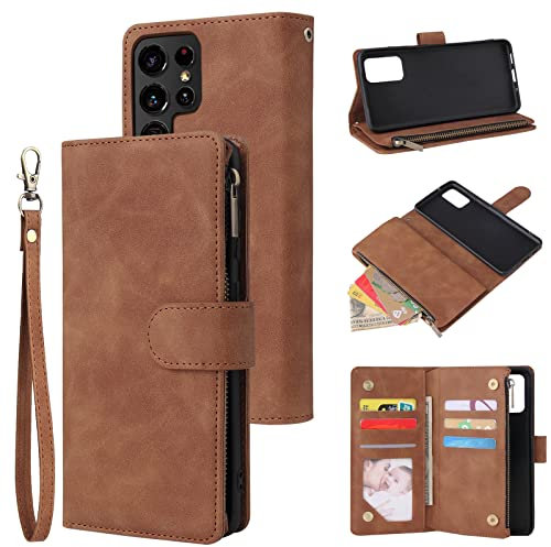 QLTYPRI Hülle für Samsung Galaxy S22 Ultra, Premium Leder Handyhülle mit Große Kapazität 6 Kartenfach & 1 Reißverschluss Tasche Ständer Schutzhülle für Samsung Galaxy S22 Ultra - Braun