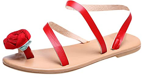 YUMIJUAN Sandales Femmes Plates Nu-Pieds Sexy Entre Doigt Bout Ouvert Été Boho Plage Vacances Casual Fleurs Deco Chaussures Pas Cher A La Mode (Red, 37)