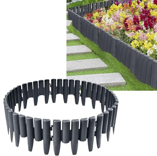 YUENFONG Rasenkante Kunststoff, 8,4m Holz Optik Beeteinfassungen Beetumrandung, 30 Stück Mähkante Gartenzaun Palisaden für Garten Balkon Blumenbeet, Anthrazit