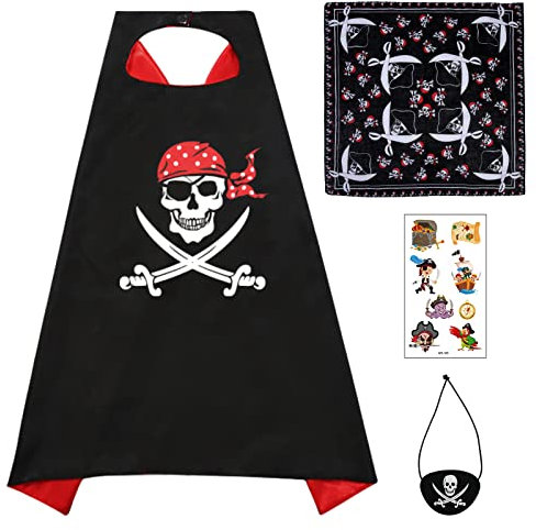 Landifor 4-teiliges Karneval Piratenkostüm Kinder Piraten Umhang mit Pirat Augenklappe Bandana Tattoo für Jungen Mädchen Fasching Halloween Cosplay Piratenparty Maskerade Walpurgisnacht