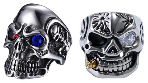 OIDEA Herren Ring Schädel Totenkopf: 2 Stück Herrenring Weiß mit Skull Persönlichkeit aus Edelstahl Gotik Punk Rock Siegelring Geburtstag Geschenk für Männer Junge Vater Freund Größe 54