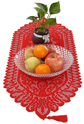 KYEYGWO Rot Hohle Spitze Tischläufer mit Vintage Blumenmuster, Elegante Makramee Tischdecke Boho Tischwäsche mit Quasten, Landhausstil Tischtuch für Esstisch Deko Hochzeit Weihnachten 88x33 cm