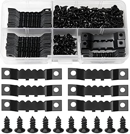 YIXISI 85 Pezzi Cornice a Dente di Sega + 170 Pezzi Viti, Invisibili Ganci Dente di Sega con Due Fori, per Foto Segni Montaggio a Parete Orologio da Parete Artigianato, Nero(45 x 8 mm)