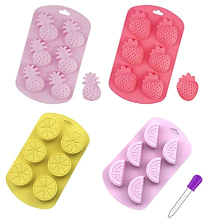 Lot de 4 moules à gelée en silicone 3D en forme d'ananas, fraise, orange, myrtille, mûrier - Pour gelée, fondant, savon, gâteau, décoration de cupcakes, avec compte-gouttes