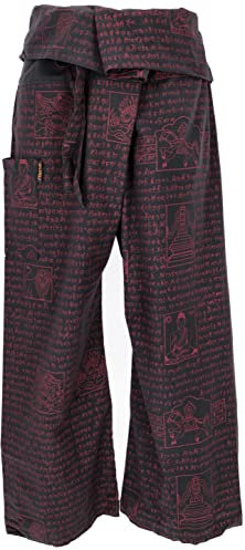 GURU SHOP Thai Fischerhose mit Mantra Druck aus Gewebter Baumwolle, Wickelhose, Yogahose - Schwarz, Herren/Damen