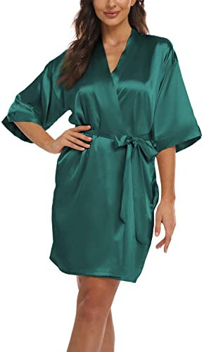 Teemie Peignoir de Bain Femme Satin Kimono Court Robe de Chambre Chemise de Nuit Mariée Mariage Veste de Pyjama Vert Foncé L