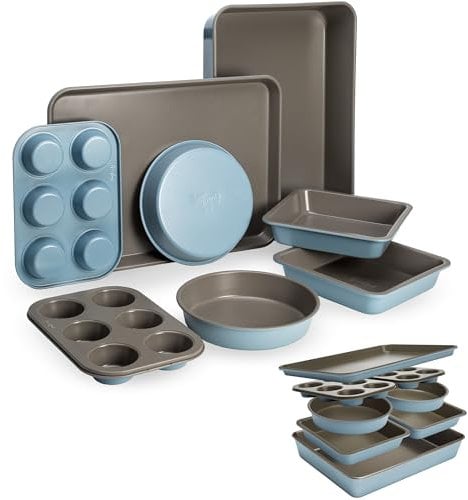 Goodful All-in-One Nonstick Bakeware Set, Stackable and Space Saving Design Includes Round and Square Pans, Muffin Pans, Cookie Sheet and Roaster, Dishwasher Safe, 8-Piece, Blue Mist