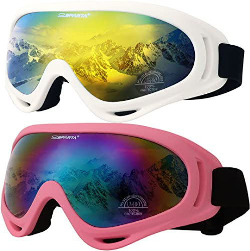 OUTDOORSPARTA 2-Pack Ski Goggles (6. White Frame, Mirrored Gold Lens; Pink Frame, Multiple Color Lens)
