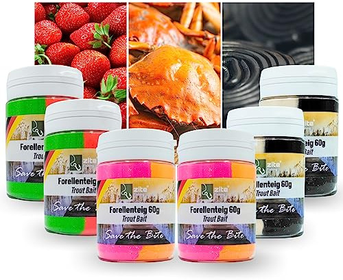 Zite Fishing Forellen-Pasten Special Editions - Trout Bait mit Lakritz, Krabbe, Erdbeer, Banane & Käse Aroma – 60g Forellen-Teig als fängiger Forellen-Köder mit Glitterpartikeln