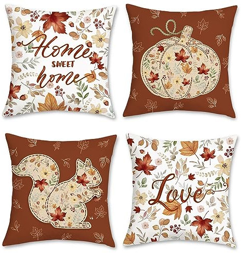 Bonhause Fundas de Cojín Otoño 45 x 45 cm Funda de Almohada Hojas de Otoño Calabaza Ardilla Terciopelo Suave Cojines Decorativos para Sofá Cama Hogar Jardín Exterior Juego de 4
