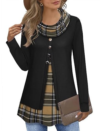 Datuhao Tunique à manches longues pour femme - Élégant - 2 en 1 - Pull long - Col châle - Patchwork, Noir à carreaux café, XL