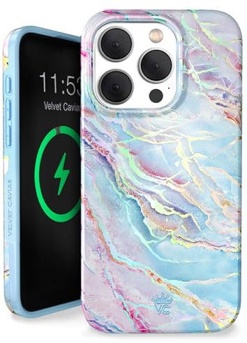 VELVET CAVIAR Compatible with iPhone 15 PRO Case for Women [10ft Shockproof] Compatible with MagSafe - Cute Magnetic Phone Cover - Protective Microfiber Lining - Holographic Blue Pink Marble