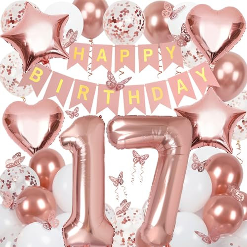 17th Birthday Decorations for Girls, Rose Gold 40 Inch Number 17 Foil Birthday Balloons with Happy Birthday Banner and Butterfly Stickers