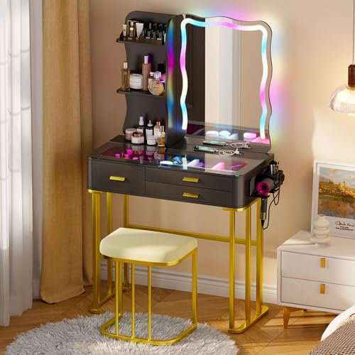 Lvifur Schminktisch Spiegel LED, Schminktisch mit Beleuchtung Hocker Schubladen Glasplatte 3 Schubladen Lippenstiftständer Haartrocknerständer Frisiertisch für Wohnzimmer 40 * 80 * 140 cm