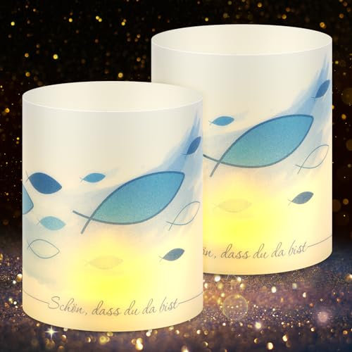 12 Windlicht Fisch Tischdeko, Ideal als Kommunion Deko Junge, Erstkommunion Deko Mädchen, Tischdeko Konfirmation, Taufe Deko, Schön DASS du da bist, Geeignet für Teelichter/Kerzen