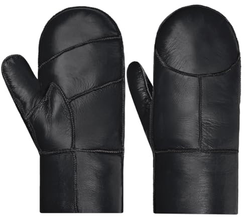 Harssidanzar Damen Fäustlinge,Winter Warme Echtleder Schaffell Shearling Pelz Gefütterte Fäustlinge Handschuhe KL031EU,Schwarz,Größe M