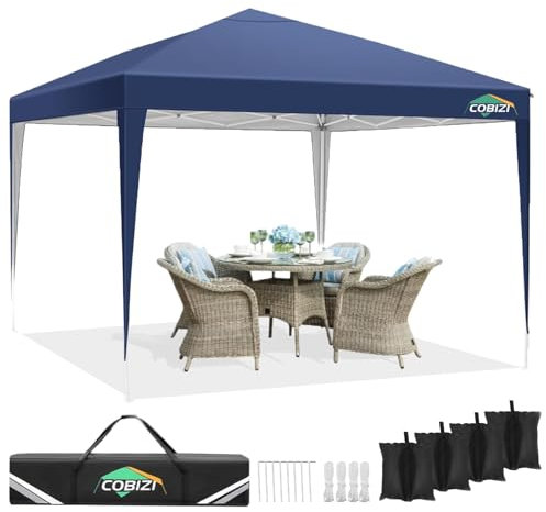COBIZI Cenador plegable 3 x 3, resistente al agua, estable, para fiestas, 3 x 3, protección UV 50+, carpa plegable de 3 x 3 m, con 4 sacos de arena para camping, playa (azul oscuro)