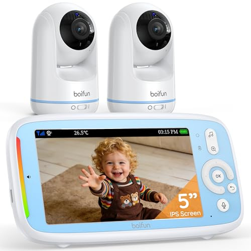 BOIFUN Baby-Monitor Video, 360°-Kamera, 5,0-Zoll-IPS-Bildschirm, 3050 mAh Akku, 3-facher Zoom, Geräuscherkennung, VOX-Modus, Nachtsicht, ohne WLAN, zwei Kameras